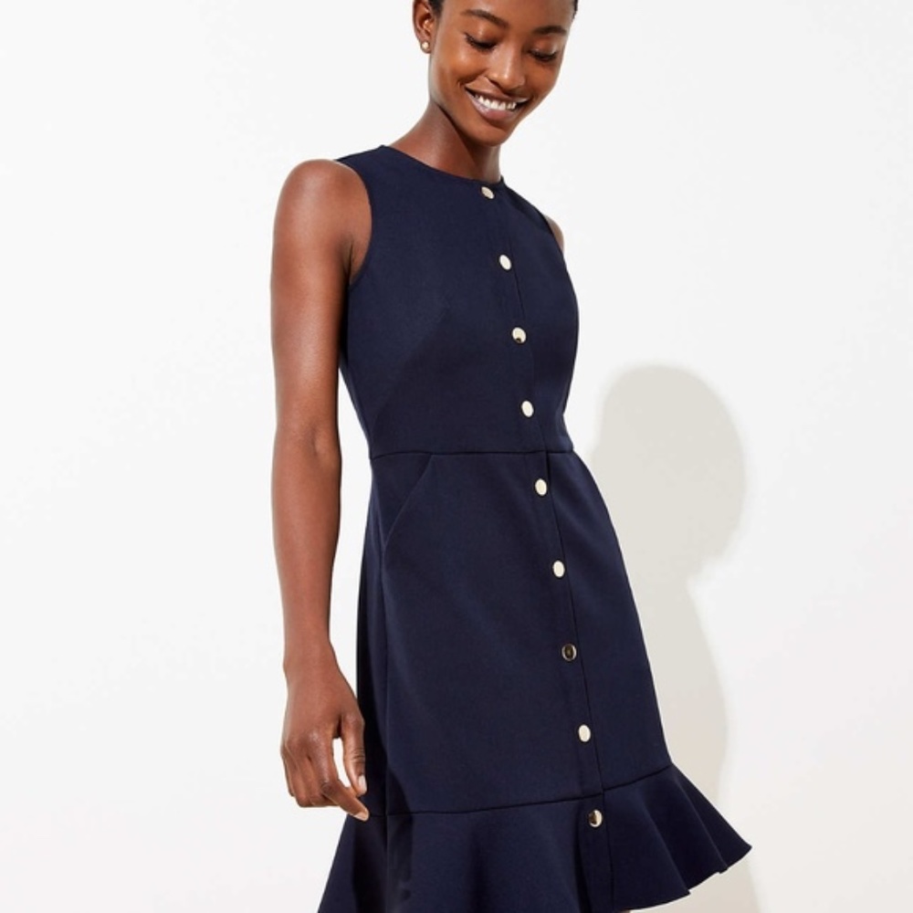 LOFT Womens Petite Gilded Button Flounce Dress